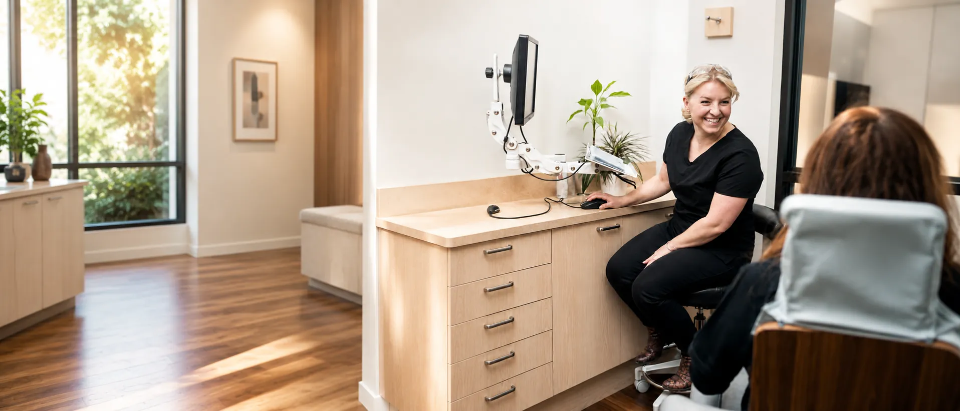 A dental team member welcoming a patient at Living Dental Health in Bend, Oregon