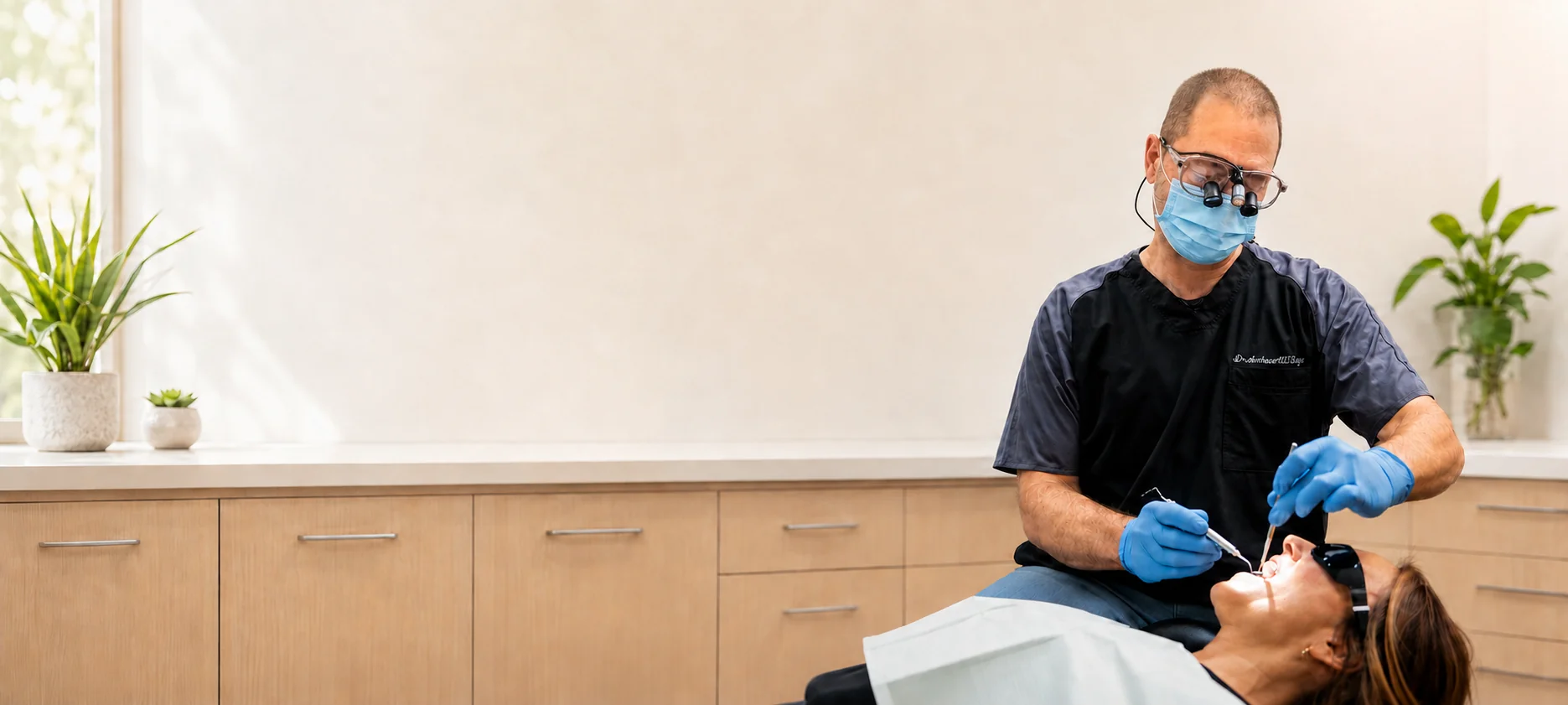 Dr. Andy Engel performing a procedure with loupes on a patient at Living Dental Health in Bend, Oregon