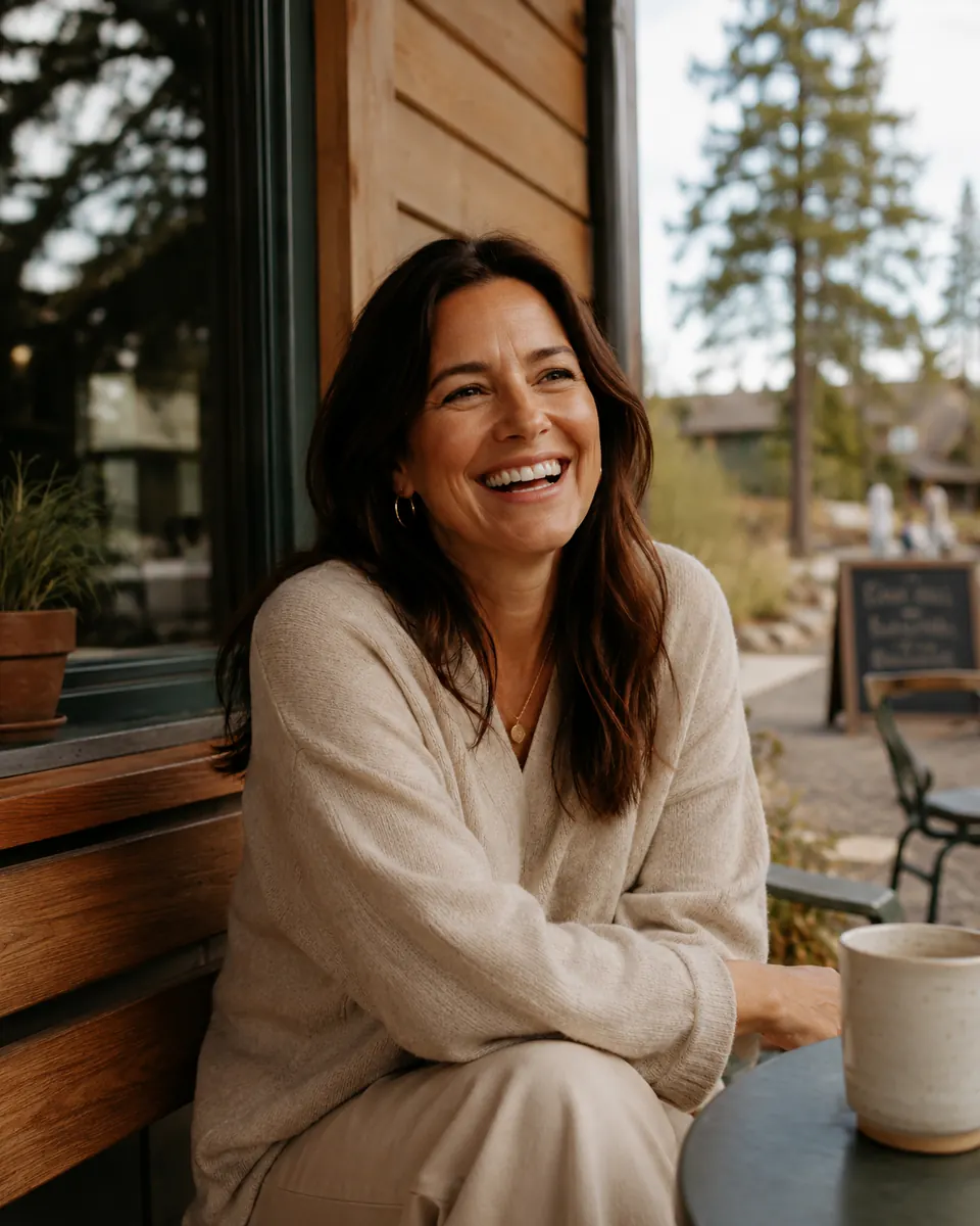 A Living Dental Health patient laughing over coffee in Bend, Oregon