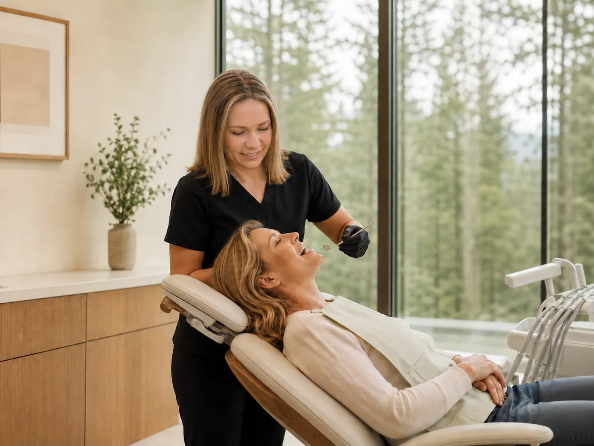 A dental hygienist at Living Dental Health caring for a patient in the cleaning chair in Bend, Oregon