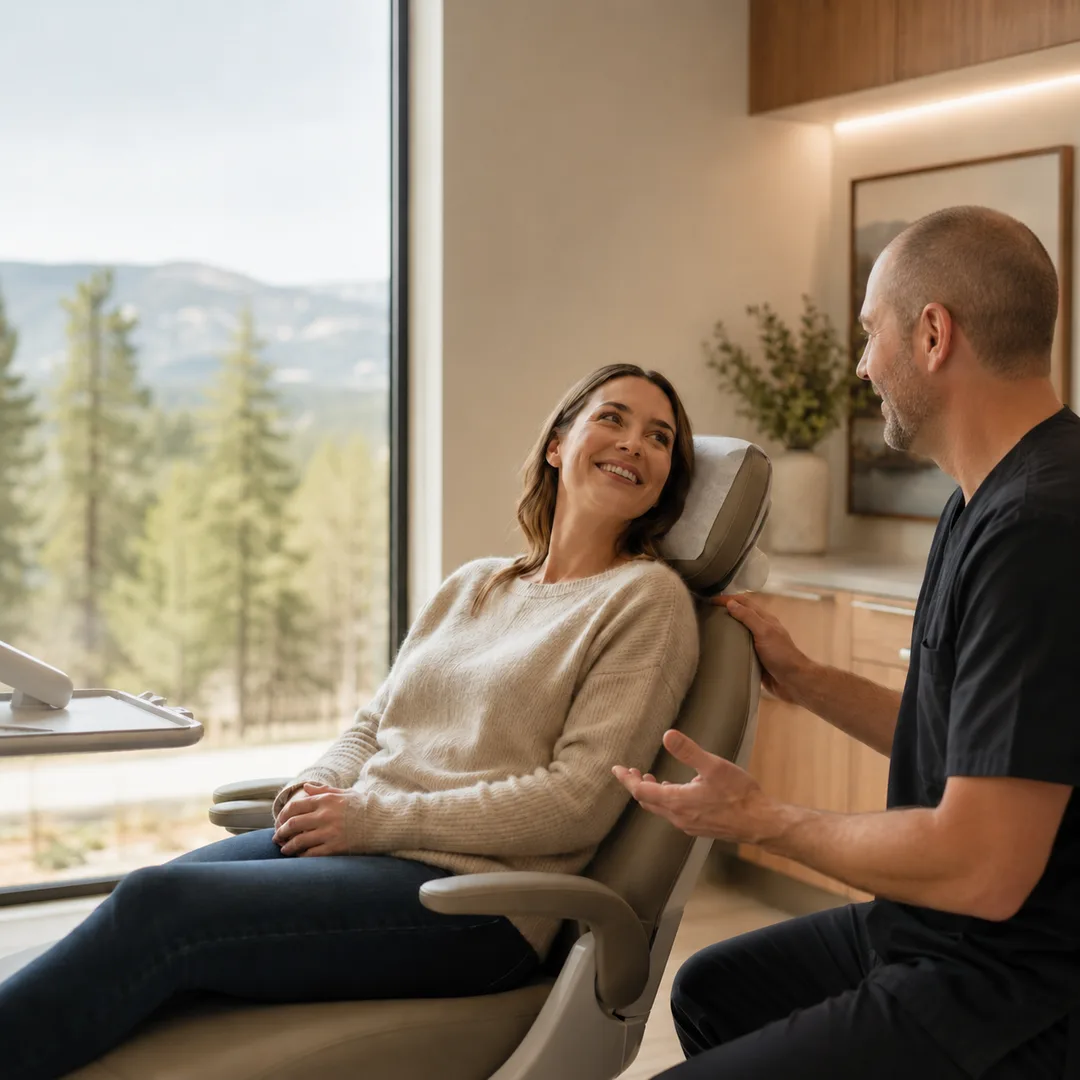 Dr. Andy Engel putting a smiling, relaxed patient at ease in the treatment chair beside a large window overlooking Central Oregon mountains and pines at Living Dental Health in Bend, Oregon.